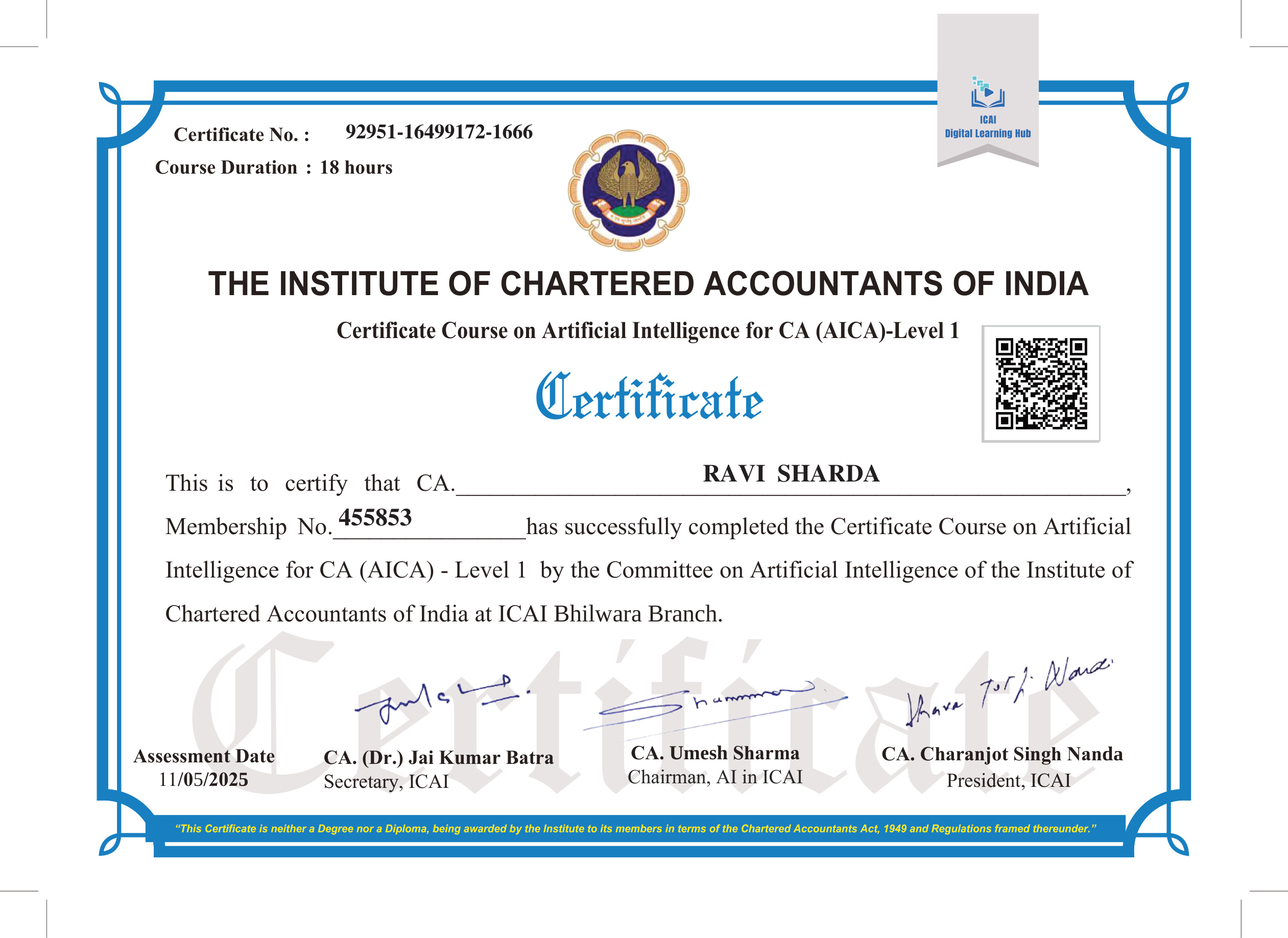 ICAI Certificate &mdash; AI Course by Ravi Sharda